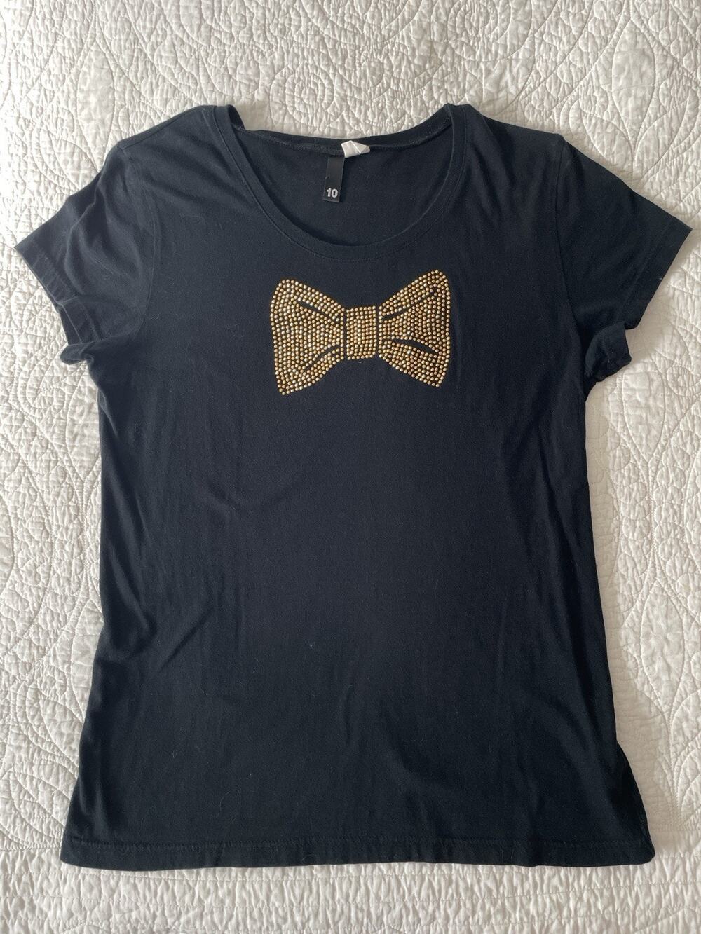HM Black T Shirt Womens Size 10 Gold Rhinestone Bow Cap Sleeve Y2K Coquette Top